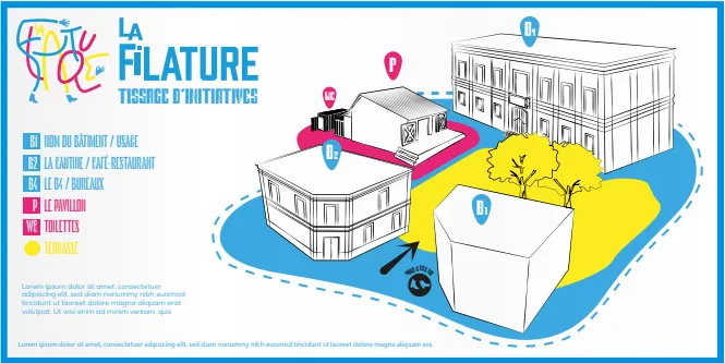 Plan de La Filature, avec les bâtiments, la cantine, le pavillon, les toilettes et la terrasse.