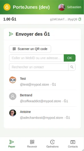 Écran « Envoyer des Ğ1 » : scanner un QR code ou choisir un contact